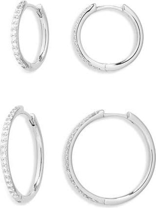 Nordstrom Set of 2 Cubic Zirconia Pav&eacute; Skinny Hoop Earrings in Clear- Silver at Nordstrom Rack
