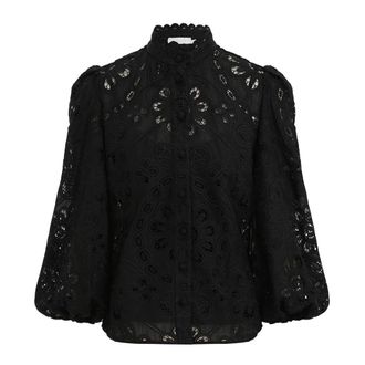Zimmermann Blouses, female, Black, Size: M Embroidered Black Blouse with Stand Collar