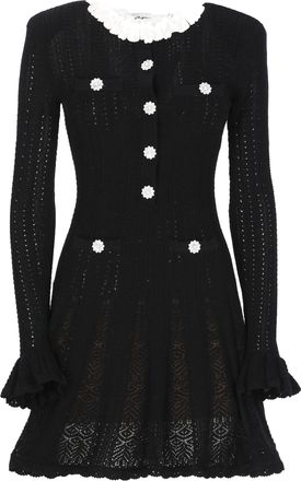 Self Portrait Flared Black Midi Crochet Dress With Ruffled Sleeves And Floral Accents