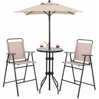 Costway Set Mobili da Giardino 4 Pezzi in Metallo, Tavolo in Vetro e 2 Sedie Pieghevoli, Tavolo da Giardino con Ombrellone e Sedie, per Giardino