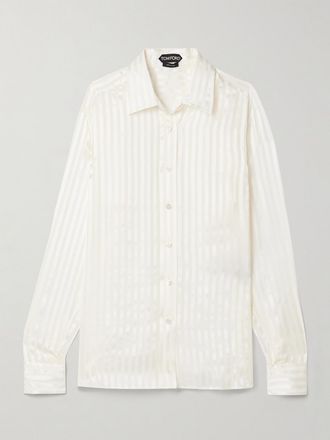 Tom Ford Camicia In Raso Di Seta Jacquard A Righe - Bianco