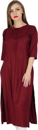 Bimba Women Rayon Straight Kurta Kurti 3/4 Sleeve Casual Summer Blouse Maroon
