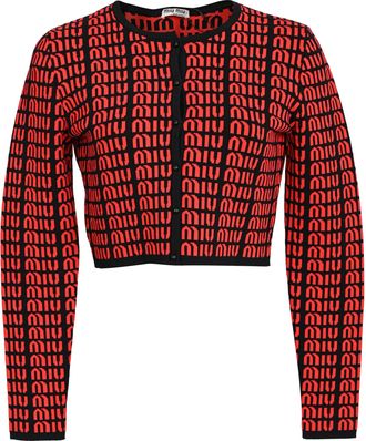 Miu Miu Logo All Over Cropped Cardigan in Red and Black Rayon