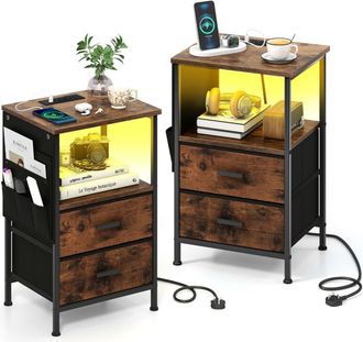 Costway Bedroom Nightstand End Table with Charging Station-Brown