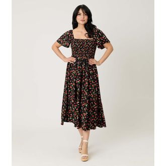 Unique Vintage Smocked Bodice Midi Dress in Black W/strawberry Print at Nordstrom, Size X-Small