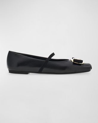 Ferragamo Zina Leather Bow Mary Jane Ballerina Flats