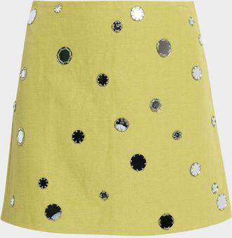 Tanya Taylor Ari Mirror-Embellished Linen-Blend Mini Skirt