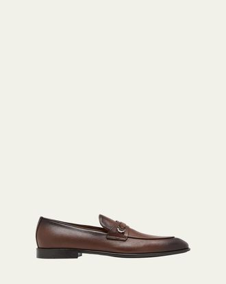 Ferragamo Mens Desio Gancio Ornament Grained Leather Penny Loafers