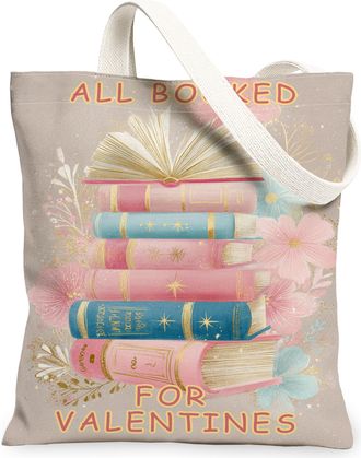 Generic ValentineS Floral Canvas Tote Bags, Book Stack Pattern Reusable Grocery Bags, Lightweight Washable Shoulder Strap Canvas F, Peach, 13x15 Inch