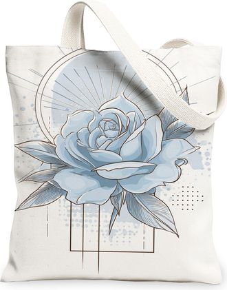 Generic Blue Rose Canvas Tote Bags, Elegant Floral Reusable Grocery Bags, Spring Vintage Lightweight Washable Shoulder Strap Canvas, Blue, 13x15 Inch