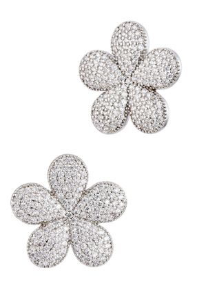 Savvy Cie Jewels RHODIUM PLATED OVER BRASS WHITE CZ FLOWER STUD EARRINGS