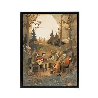 Artery8 Countryside Folk Band Musicians Framed Canvas Wall Art Print in Brown | Size: W24 x H32