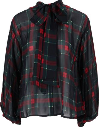 Shirt a Porter Tartan Plaid Sheer Chiffon Bow Tie Blouse