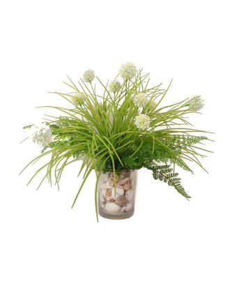 Creative Displays Inc. Fern & White Thistle Arranged In A Shelled Filled Glass Vase