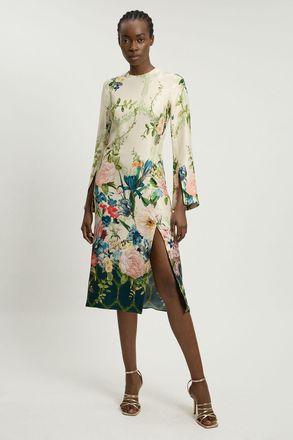 Karen Millen Womens Floral Print Viscose Satin Crepe Woven Midi Dress - Multicolour - Size 14 UK