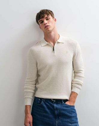 Polo Ralph Lauren maglione in maglia waffle con zip e logo icon in lana merino bianco sporco