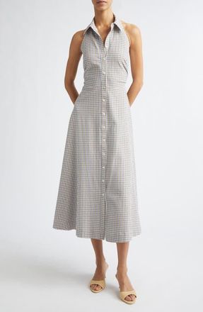 Veronica Beard Mackey Gingham Stretch Cotton Halter Shirtdress in Acorn Multi at Nordstrom, Size 00