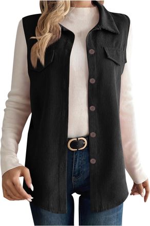 Generic Womens Lightweight Softshell Gilets Corduroy Lapel Tank Tops Button Down Sleeveless Denim Jacket Casual Mid-Long Jean Vest Waistcoat Jacket Vintage Di