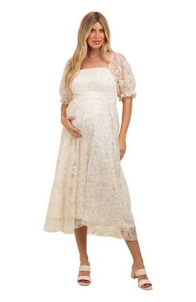 Pinkblush Floral Mesh Overlay Tie Back Midi Dress in Cream at Nordstrom, Size Medium