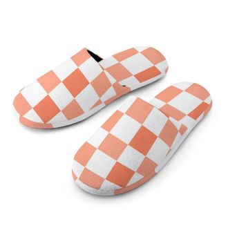Generic Peach White Checkered Plaid Pattern Mens House Slippers Slip Indoor Slipper On Shoes Warm Outdoor