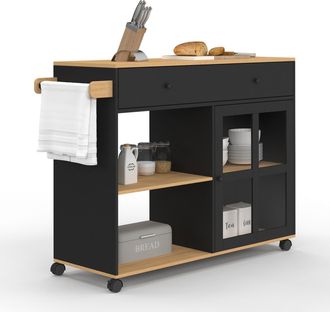 IDMarket Credenza Da Cucina Achille Xxl Con Ripiano E Armadio Smaltato Nero E Legno L. 100 Cm
