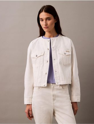 Calvin Klein Jeans Calvin Klein Womens Cropped Collarless Denim Trucker Jacket - White - XS