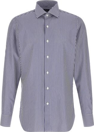 Finamore Napoli Gestreept Overhemd - Heren - Casual Overhemden - Blauw - 2XL - Katoen - Overhemden