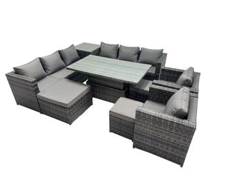 Fimous 11 Seater Outdoor Garden Rattan Furniture Set with Side Table 3 Stool in Dark Grey