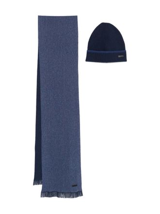 BOSS logo-patch scarf and beanie set - men - Cotton/Wool - One Size - Blue