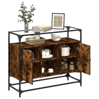 Berkfield Home Sideboard with Glass Top Smoked Oak 98x35x81 cm Engineered Wood in Brown | Size: 98 x 35 x 81 cm