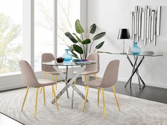 Furniturebox Novara Chrome Metal 100cm Round Glass Dining Table & 4 Corona Gold Dining Chairs in Beige