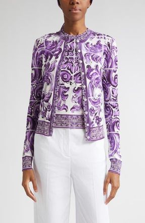 Dolce & Gabbana Majolica Print Silk Cardigan in H25Dq Maiolica 1L Viola at Nordstrom, Size 4 Us