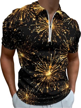 Generic Firework Happy New Year Mens Polos Slim Fit Short Sleeve Shirts Quarter Zip-up Quick-Drying T-Shirt Tops M