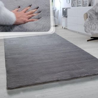 Paco Home Tappeto a pelo lungo per soggiorno in ecopelliccia ultrasoffice, imitazione pelliccia di coniglio in grigio scuro ø 120 cm tondo - Paco Home