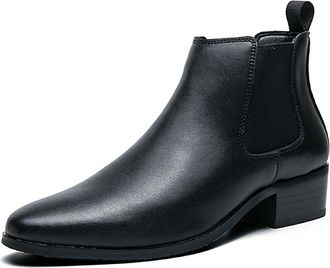 Generic Mens Leather Pointed Toe Chelsea Boots Slip-On Dress Ankle Boots Waterproof Non-Slip Block Heel Short Shoes for Autumn Winter,Black,7.5 UK