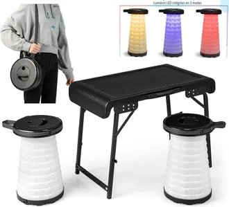 Costway Conjunto Mesa Plegable Camping Y Taburete Plegable Telesc&oacute;pico Port&aacute;til Con Led, Taburate Altura Ajustable, Conjunto Port&aacute;til Silla Y Mesa Para Playa,