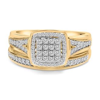 House of Brilliance 14K Yellow Gold Plated Sterling Silver 1/2 Cttw Diamond Square Cluster Bridal Set in Yellow Gold Over Silver at Nordstrom