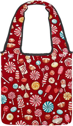 Generic Red Candy Pattern Reversible Canvas Shoulder Tote - Double-Sided Print, 12oz Cotton, 27cm Drop, Fold-Flat Bag for Travel, Shopping, Street Outings