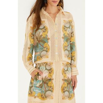 Farm Rio Royal Sea Linen Blend Shirt in Royal Sea Multicolor at Nordstrom, Size Xx-Small
