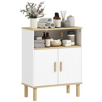 OEM Mobile Bagno Autoportante Con Ripiano Regolabile, Bianco E Legno Naturale