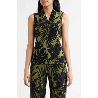 Anne Klein Two-Tone Tropical Triple Pleat V-neck Top in Bay Leaf Multi at Nordstrom, Size X-Small