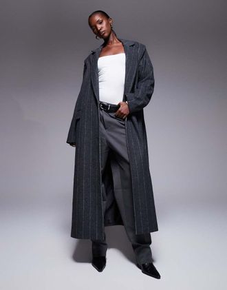 Aria Cove Cappotto taglio lungo sartoriale oversize in misto lana color antracite gessato con colletto-Grigio