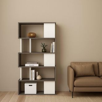 Dmora Dmora - Biblioth&egrave;que Avec 5 &Eacute;tag&egrave;res Asym&eacute;triques, Blanc Et Gris, Dimensions 80 X 175 X 29,5 Cm