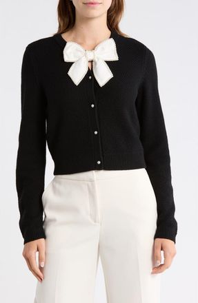Alice & Olivia Dollie Pearly Bow Wool Blend Crop Cardigan in Black/Soft White at Nordstrom Rack, Size X-Small