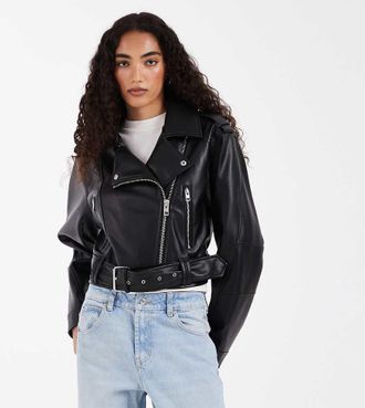 Asos Tall ASOS DESIGN Tall - Giacca biker ristretta in pelle sintetica nera-Nero