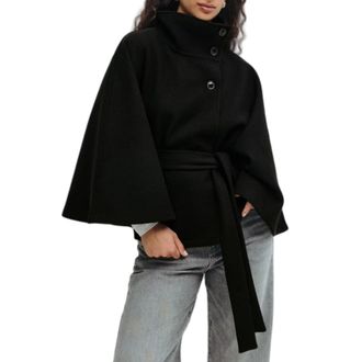 Generic Women Batwing Sleeve Ponchos Pea Coat, Stand Collar Belt Cape Coat Jacket Cloak Fall Winter Shawl Outerwear (Black,S)