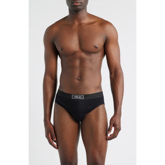 Versace 90s Logo Stretch Cotton Rib Briefs in Black at Nordstrom, Size 5