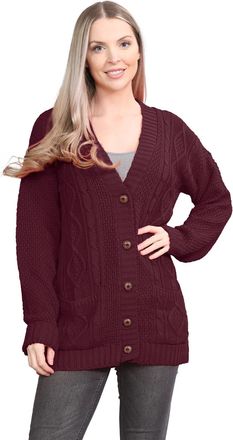 Janisramone Ladies Long Sleeve Cardigans, V Neck Button up Cable Knit Cardigan Women, Knitwear Women, Warm Chunky Cardigans for Women UK, Grandad Winter Jumper To