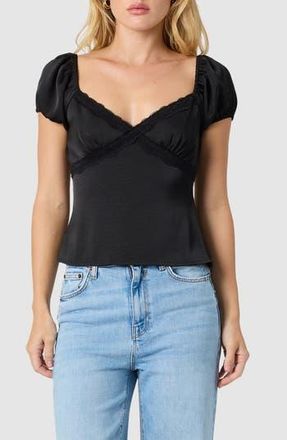 All in Favor Lace Trim Puff Sleeve Satin Top in Black at Nordstrom Rack, Size X-Large