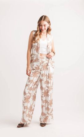 Papillon Palm Print Wide Leg Pants With Elastic Back In White/brown